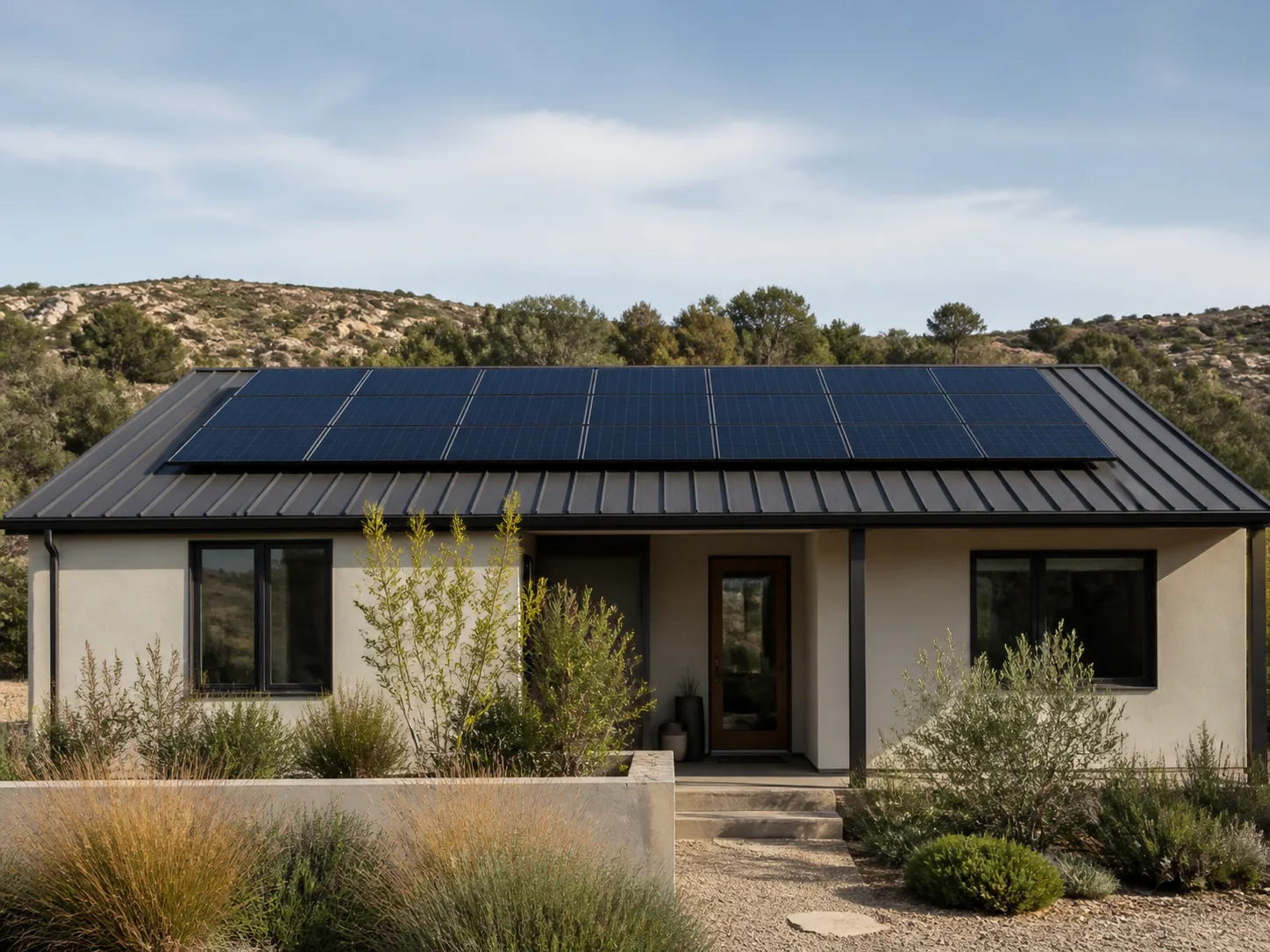 Solar panels installed on the roof of a contemporary home.